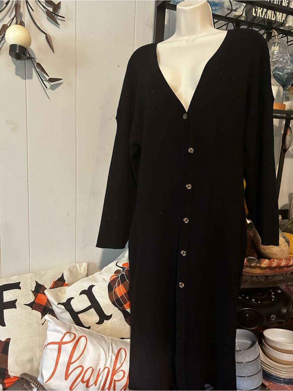 Women's Black Button-Front Long Knit Coatigan